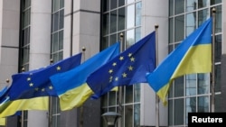 Флаги Украины развеваются перед зданием парламента ЕС в первую годовщину российского вторжения. Брюссель, Бельгия, 24 февраля 2023 года. REUTERS/Yves Herman/File Photo